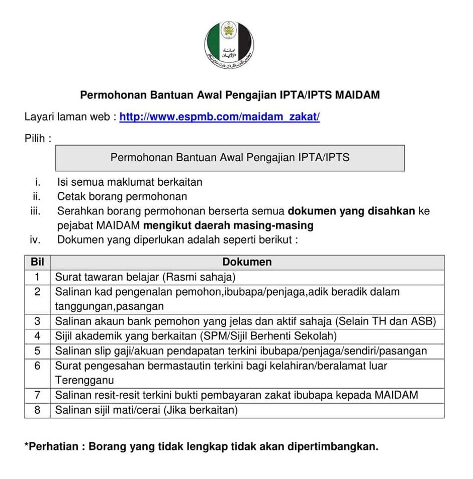 Permohonan Bantuan Awal Pengajian IPTA/IPTS MAIDAM 2020 (Borang)